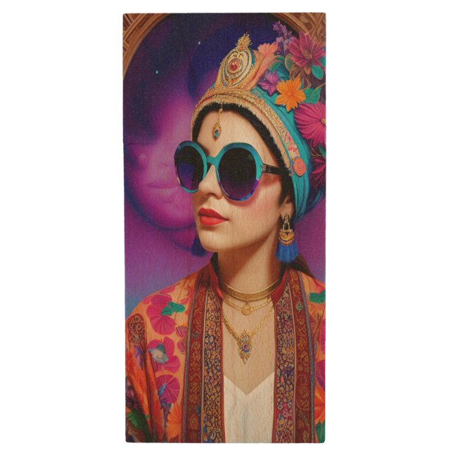 Beautiful princess with sunglasses wood flash drive (Front Vertical)