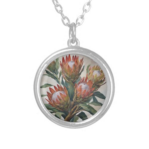 Beautiful Protea Flowers from South Africa Silver Plated Necklace