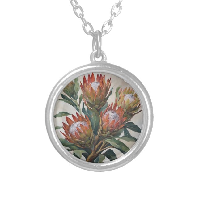 Beautiful Protea Flowers from South Africa Silver Plated Necklace (Front)