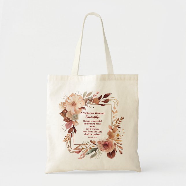 Beautiful Proverbs 31 Woman Personalized Christian Tote Bag (Front)