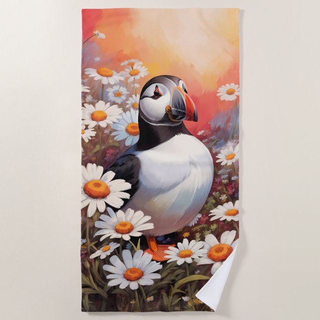 Beautiful Puffin In Daisy Field Beach Towel (Front)