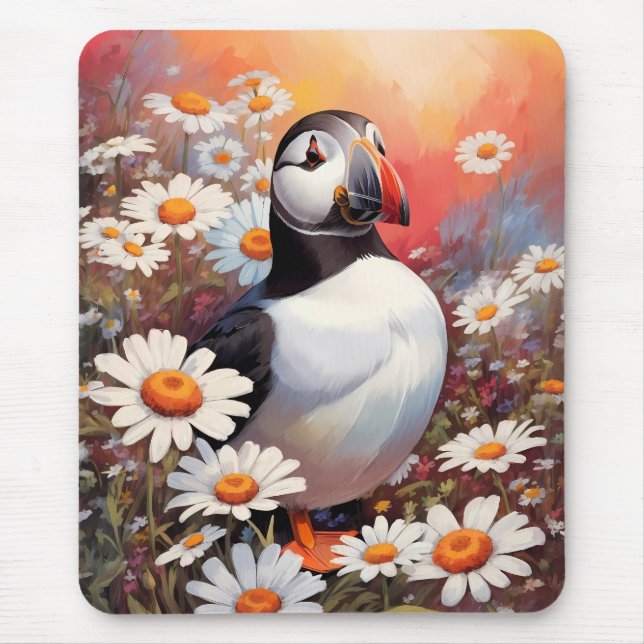 Beautiful Puffin In Daisy Field Mouse Pad (Front)
