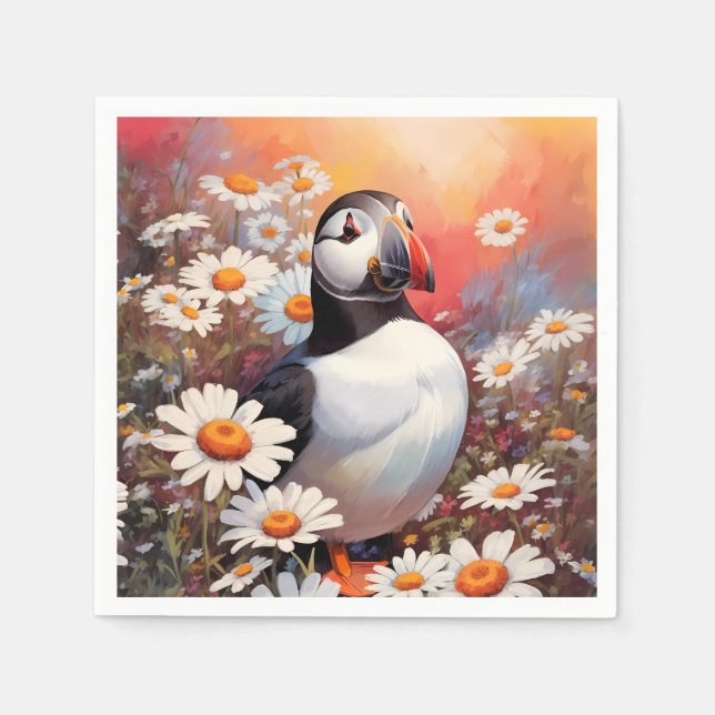 Beautiful Puffin In Daisy Field Napkins (Front)