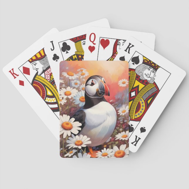 Beautiful Puffin In Daisy Field Poker Cards (Back)
