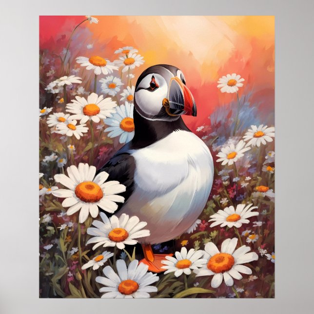 Beautiful Puffin In Daisy Field Poster (Front)