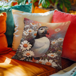 Beautiful Puffin In Daisy Field Throw Pillow