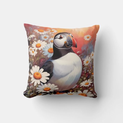 Beautiful Puffin In Daisy Field Throw Pillow