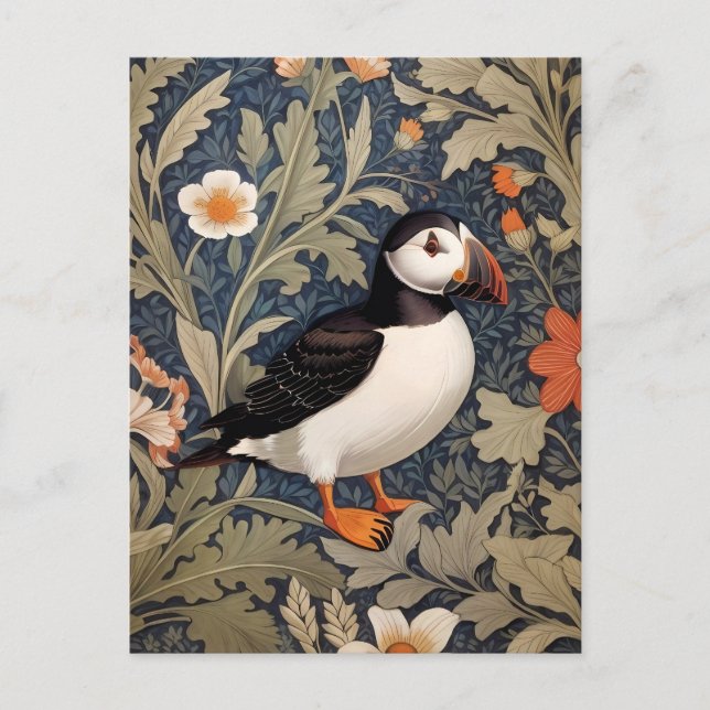 Beautiful Puffin William Morris Inspired Postcard (Front)