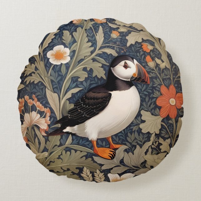 Beautiful Puffin William Morris Inspired Round Pillow (Front)