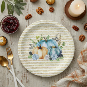 Beautiful Pumpkin Blue Thanksgiving Watercolor Paper Plates