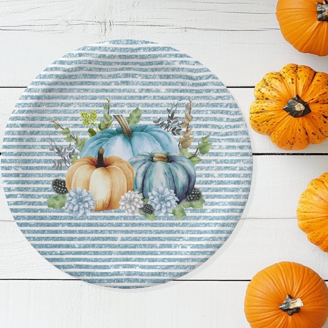 Beautiful Pumpkin Blue Thanksgiving Watercolor Paper Plates (Creator Uploaded)