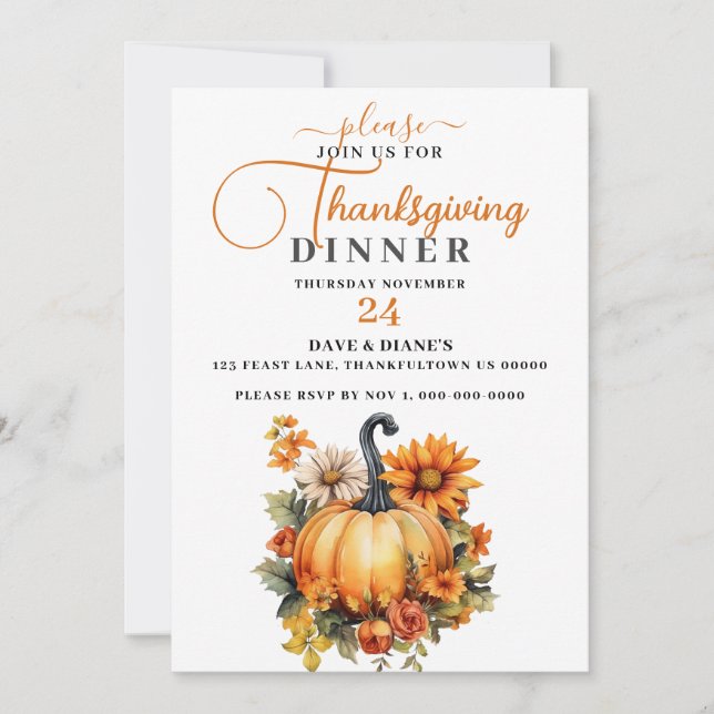 Beautiful Pumpkin & Fall Flowers Thanksgiving  Invitation (Front)