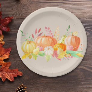 Beautiful Pumpkin Fall Thanksgiving Watercolor Paper Plates