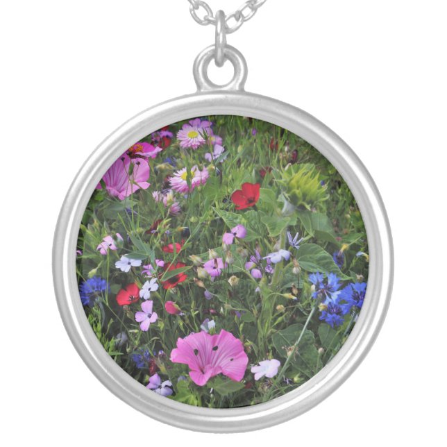 Beautiful Purple and Blue Wild Flowers Silver Plated Necklace (Front)