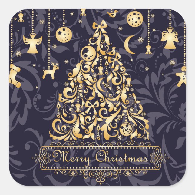 Beautiful Purple and Golden Christmas Ornaments Square Sticker (Front)