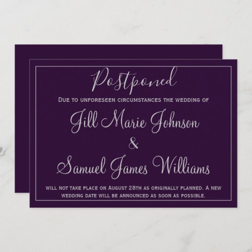 Beautiful Purple and Silver Wedding Postponed Invitation