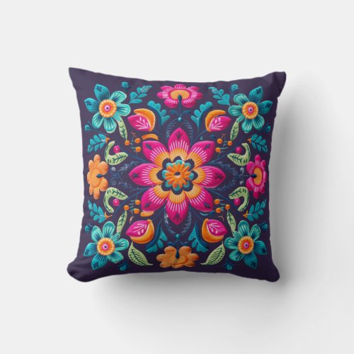 Beautiful Purple and Vibrant Colors Mexican Floral Throw Pillow