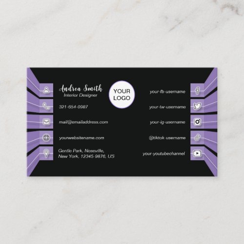 Beautiful Purple Black Social Media Icons Minimal Business Card