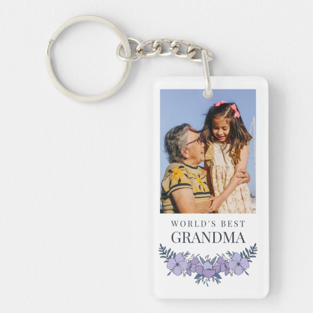 Beautiful Purple Blue Floral Best Grandma Photo Keychain (Front)
