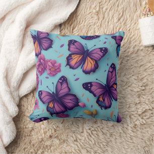 Beautiful Purple Butterflies in a blue background Throw Pillow