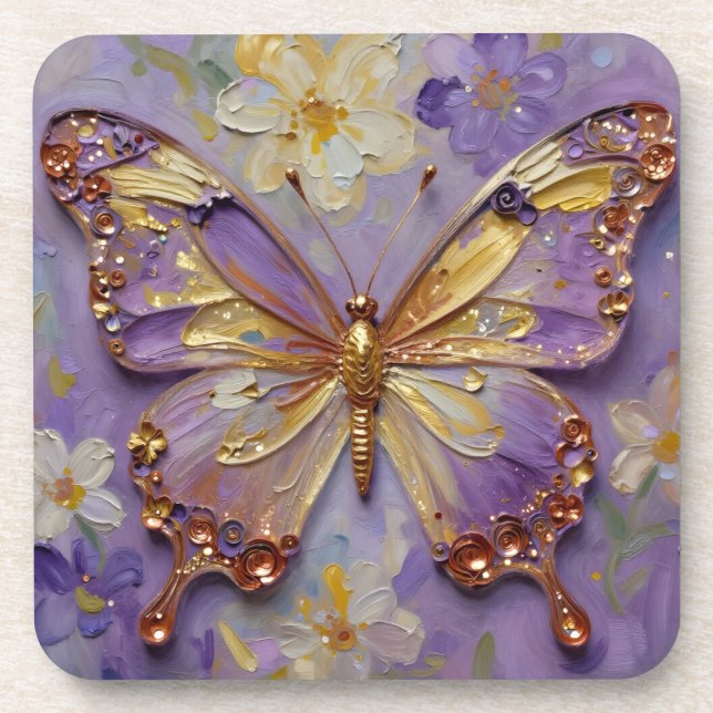 Beautiful Purple Butterfly and Flowers Beverage Coaster (Front)