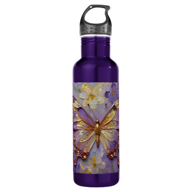 Beautiful Purple Butterfly and Flowers Stainless Steel Water Bottle (Front)