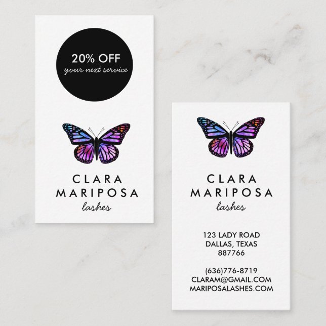 Beautiful Purple Butterfly Beauty Yoga Illustrated Discount Card (Front/Back)