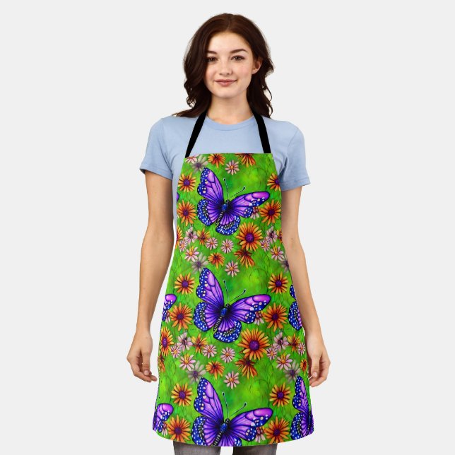 Beautiful Purple Butterfly Flower Meadow Apron (Worn)
