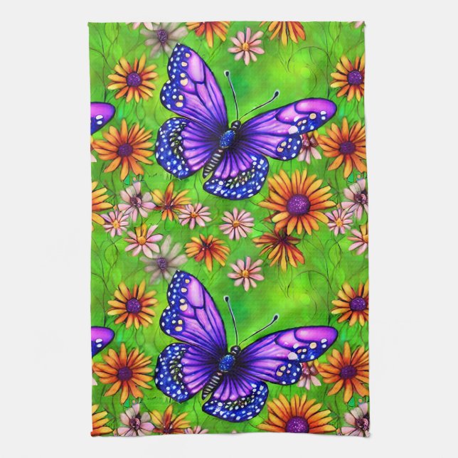 Beautiful Purple Butterfly Flower Meadow Kitchen Towel (Vertical)