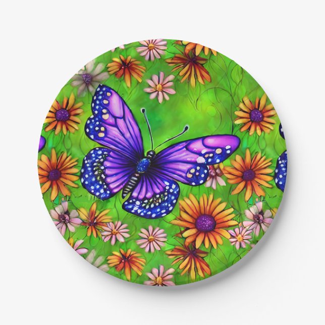 Beautiful Purple Butterfly Flower Meadow Paper Plates (Front)