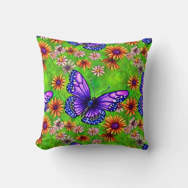 Beautiful Purple Butterfly Flower Meadow Throw Pillow (Front)