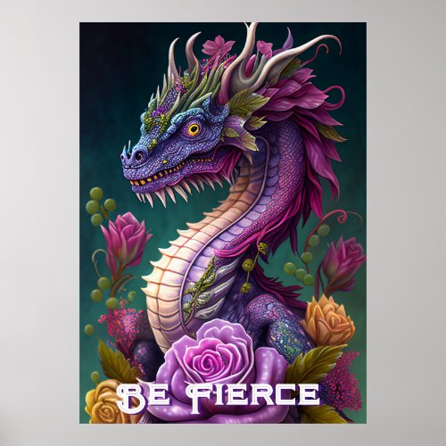 Beautiful Purple Dragon  and Flowers Poster