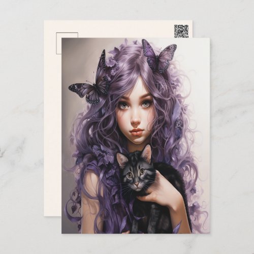 Beautiful Purple Fairy Butterflies Black Cat Postcard