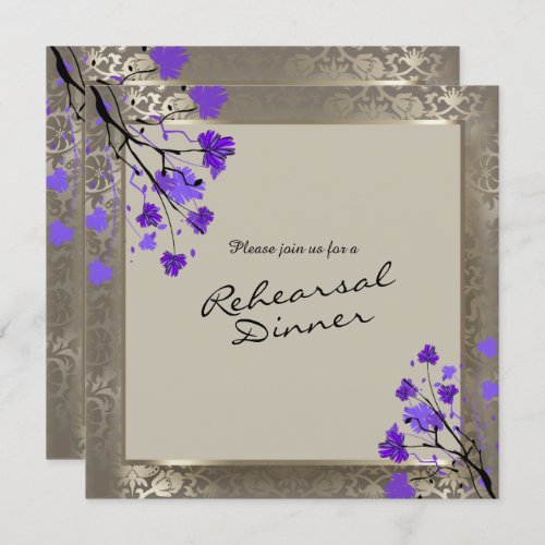 Beautiful Purple Floral  Antique Silver Damask Invitation