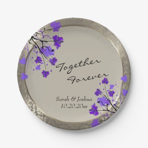 Beautiful Purple Floral  Antique Silver Damask Paper Plates