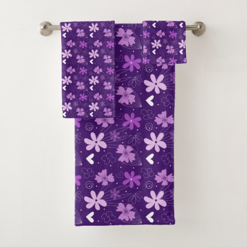 Beautiful Purple Floral Daisy Flower Pattern Bath Towel Set