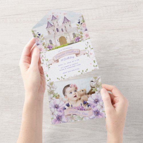 Beautiful Purple Floral Princess First Birthday All In One Invitation