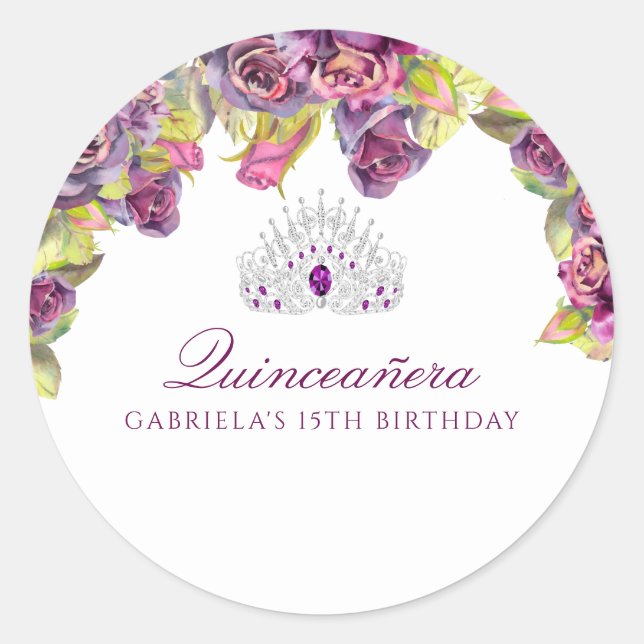 Beautiful Purple Floral Quinceanera Classic Round Sticker (Front)