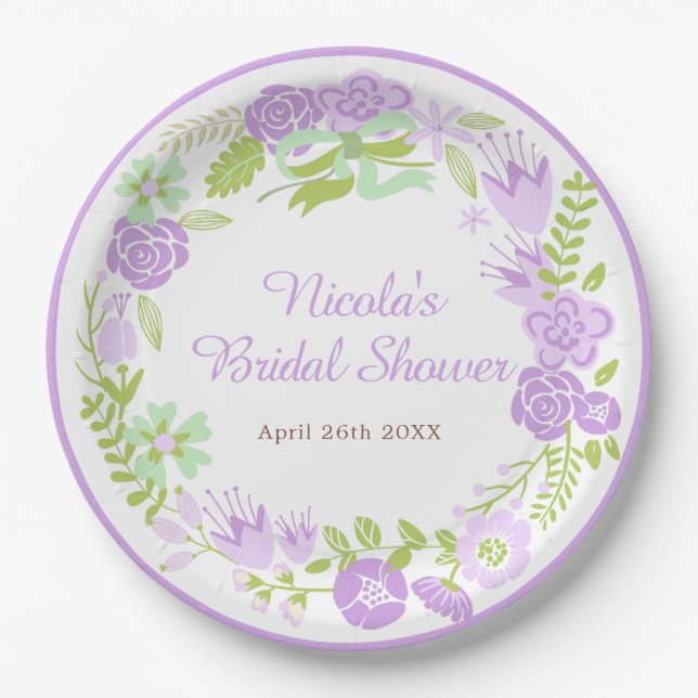 Beautiful Purple Floral Wreath Bridal Shower Paper Plates (Front)