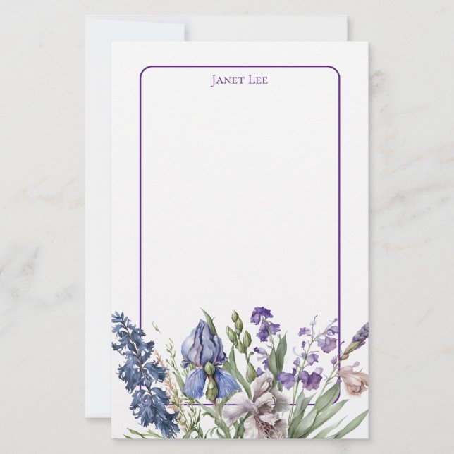 Beautiful Purple Florals and Purple Frame Stationery (Front)