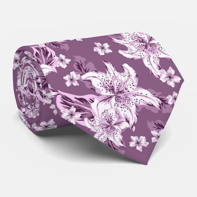 Beautiful purple flower pattern neck tie (Rolled)