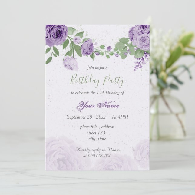 beautiful purple flowers green leaves birthday invitation (Standing Front)