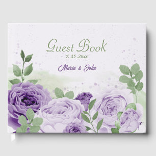beautiful purple flowers greenery wedding guest book