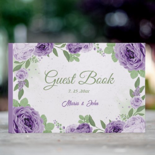 beautiful purple flowers greenery wedding guest book