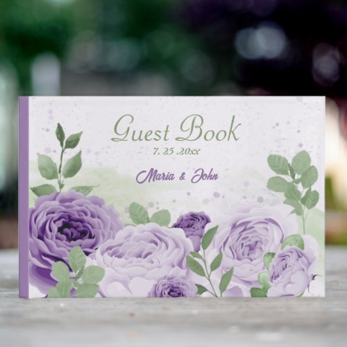 beautiful purple flowers greenery wedding guest book