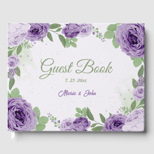 beautiful purple flowers greenery wedding guest book