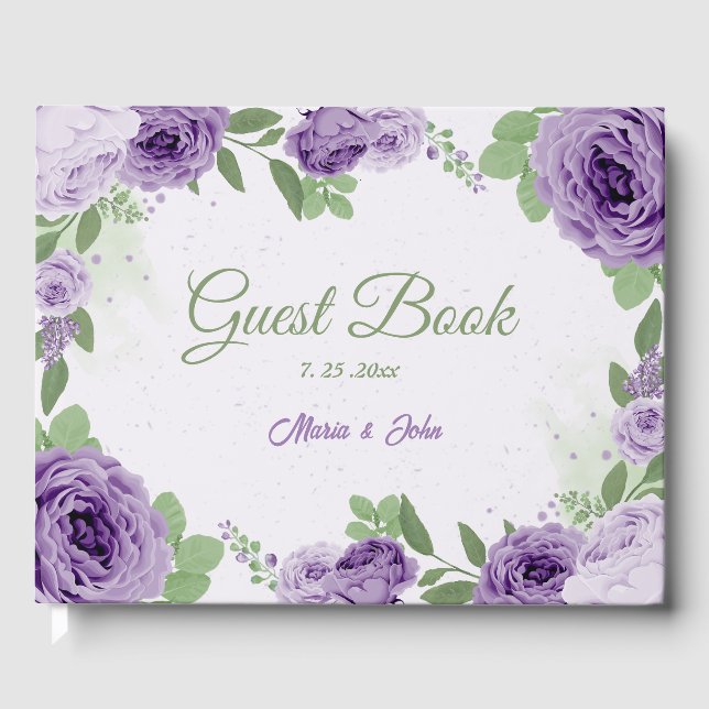 beautiful purple flowers greenery wedding guest book (Front)