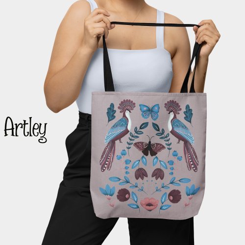 Beautiful purple folk art peacock floral tote bag