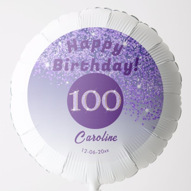 Beautiful Purple Glitter 100th Birthday Party Balloon (Front)