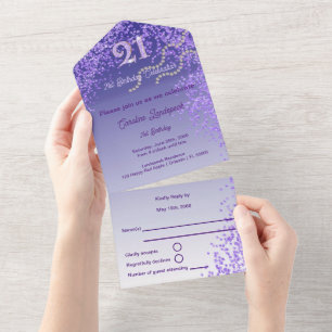 Beautiful Purple Glitter 21st Happy Birthday All In One Invitation
